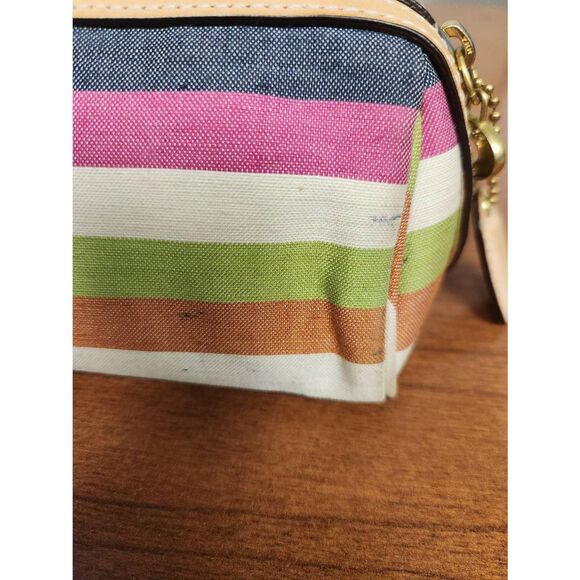 COACH Vintage Stripe canvas and leather trim Makeup Bag with 2 charms (PF) - Picture 3 of 11